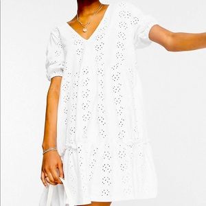 V Neck eyelet smock dress with puff sleeves